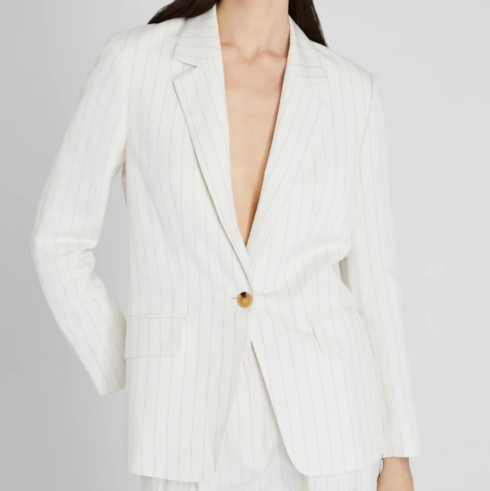 NWT XS Club Monaco Pinstripe Single-Breasted Linen-Blend Blazer Ivory Mix